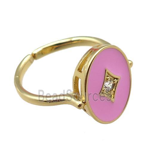 copper rings with pink enameled, adjustable, gold plated