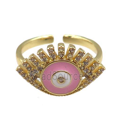 copper rings with pink enameled evil eye, adjustable, gold plated