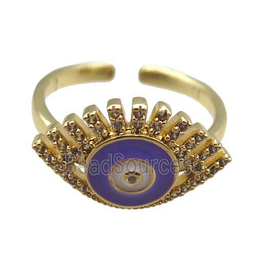 copper rings with purple enameled evil eye, adjustable, gold plated