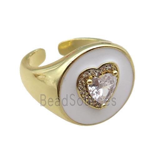 copper rings with white enameled, heart, adjustable, gold plated