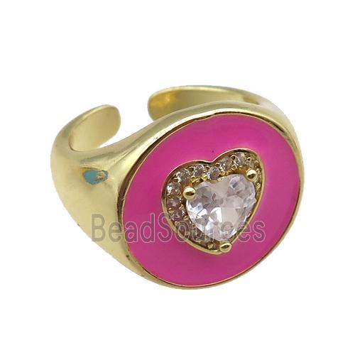 copper rings with pink enameled, heart, adjustable, gold plated