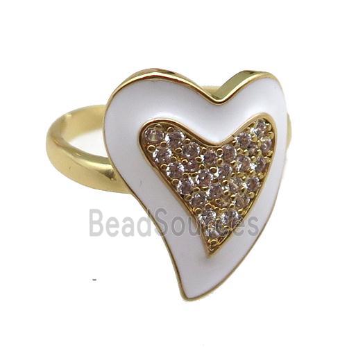 copper rings with white enameled heart, adjustable, gold plated