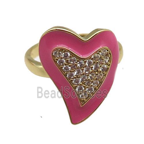 copper rings with pink enameled heart, adjustable, gold plated