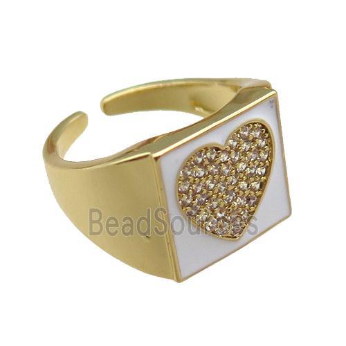 copper rings paved zircon with white enameled, heart, adjustable, gold plated