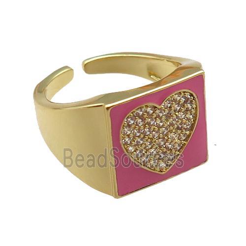 copper rings paved zircon with pink enameled, heart, adjustable, gold plated