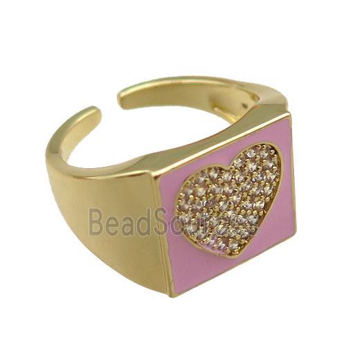 copper rings paved zircon with pink enameled, heart, adjustable, gold plated