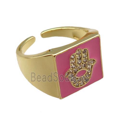 copper rings paved zircon with pink enameled, hamsahand, adjustable, gold plated