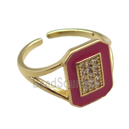 copper rings paved zircon with red enameled, adjustable, gold plated