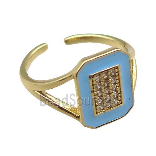 copper rings paved zircon with blue enameled, adjustable, gold plated