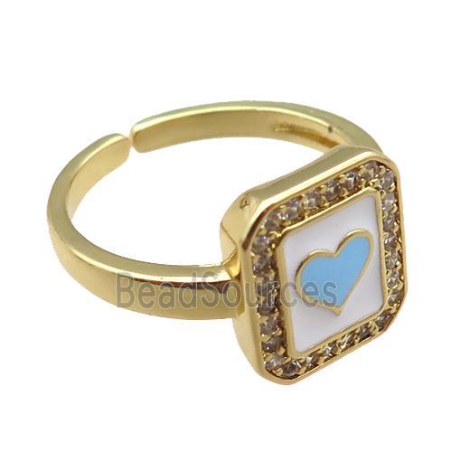 copper rings paved zircon with enameled, heart, adjustable, gold plated