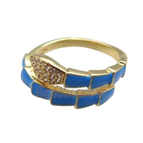 copper snake rings paved zircon with blue enameled, adjustable, gold plated