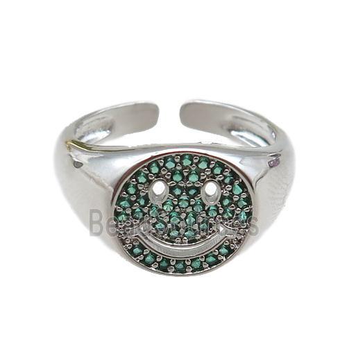 copper rings paved green zircon with smileface emoji, adjustable, platinum plated