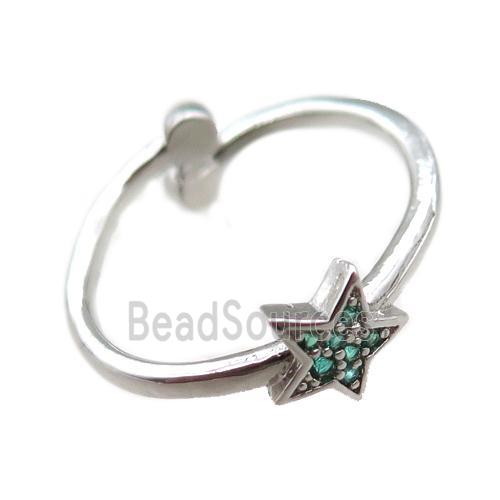 adjustable copper ring with star pave green zircon, platinum plated