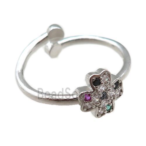 adjustable copper ring with clover pave zircon, platinum plated