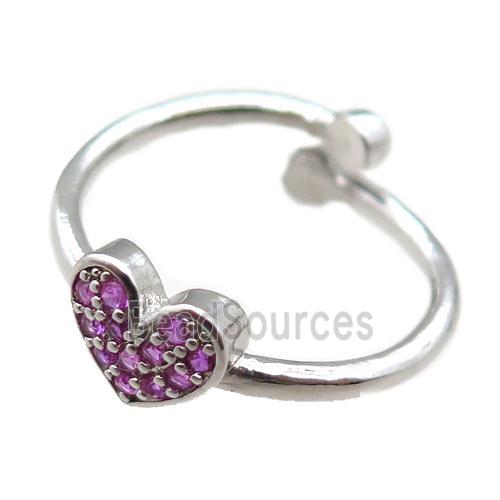 adjustable copper ring with heart pave hotpink zircon, platinum plated