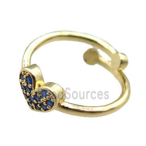 adjustable copper ring with heart pave blue zircon, gold plated