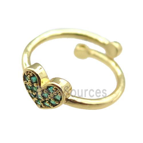 adjustable copper ring with heart pave green zircon, gold plated