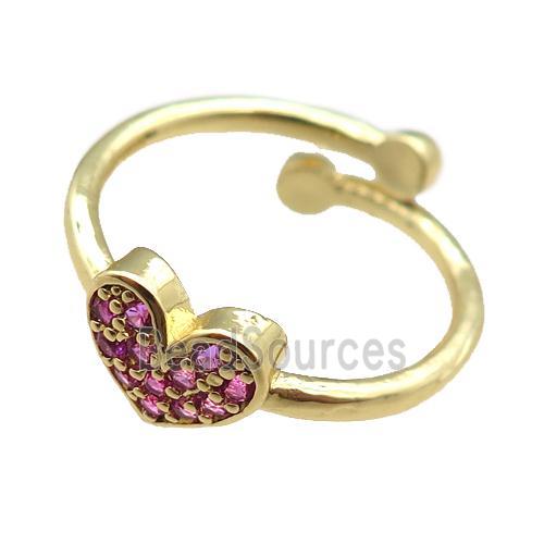 adjustable copper ring with heart pave hotpink zircon, gold plated