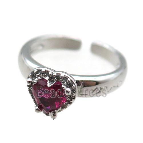 adjustable copper ring with heart pave hotpink zircon, platinum plated