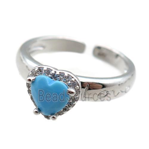 adjustable copper ring with heart pave zircon, platinum plated