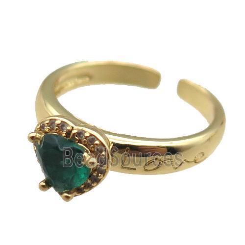 adjustable copper ring with heart pave green zircon, gold plated