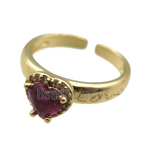 adjustable copper ring with heart pave zircon, gold plated