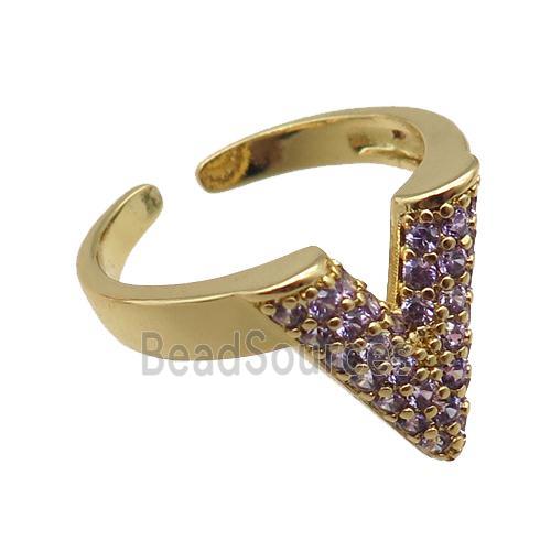 adjustable copper ring pave purple zircon, gold plated