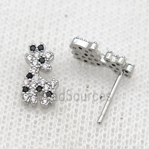 copper dog Stud Earring paved zircon, platinum plated