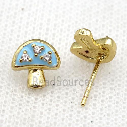 copper mushroom Stud Earring with blue Enameled, gold plated