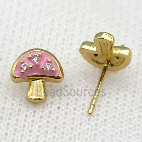 copper mushroom Stud Earring with pink Enameled, gold plated