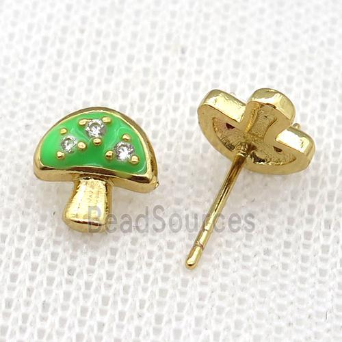 copper mushroom Stud Earring with green Enameled, gold plated