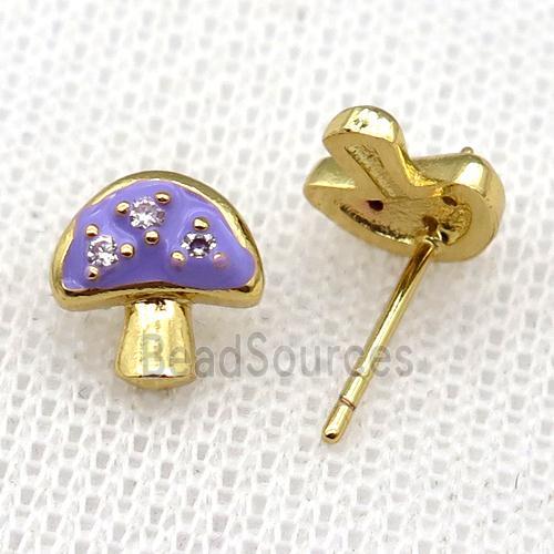 copper mushroom Stud Earring with purple Enameled, gold plated