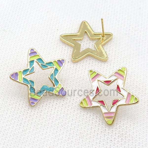 copper Star Stud Earring with Enameled, mixed, gold plated