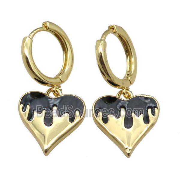 copper Hoop Earrings with Heart Black Enamel, gold plated