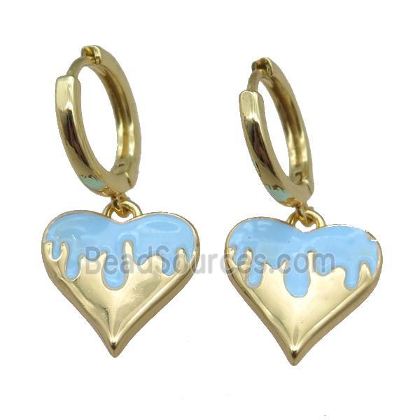 copper Hoop Earrings with Heart Blue Enamel, gold plated