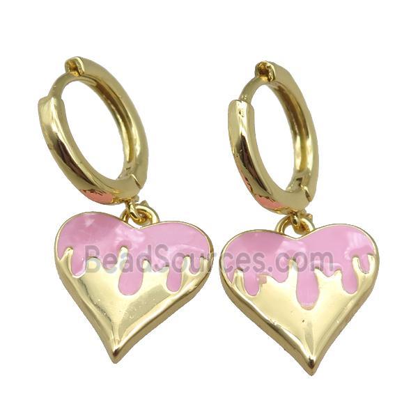 copper Hoop Earrings with Heart Pink Enamel, gold plated