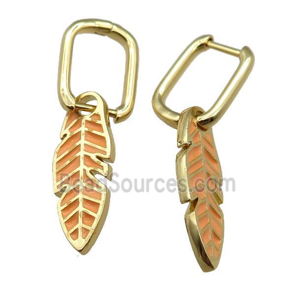 copper Latchback Earrings with Enamel Leaf, gold plated