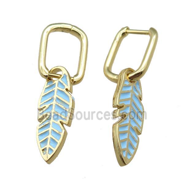 copper Latchback Earrings with Blue Enamel Leaf, gold plated