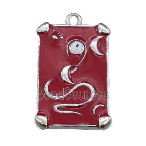 Copper Tarot Card Pendant with red Enamel, Platinum Plated