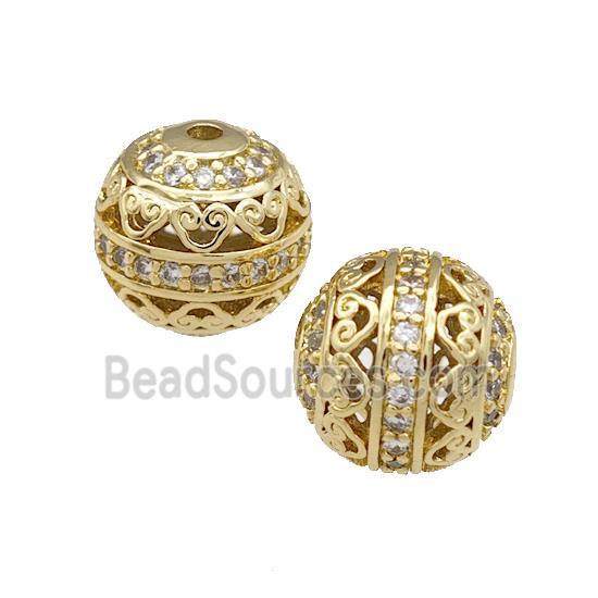 copper round beads pave zircon, hollow, gold plated