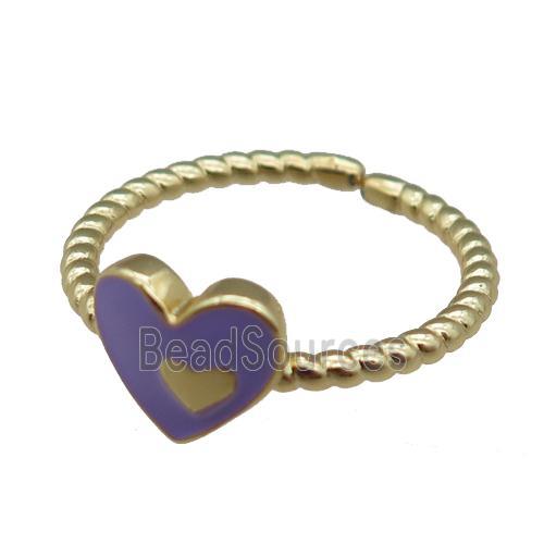 copper Ring with purple enamel heart, gold plated