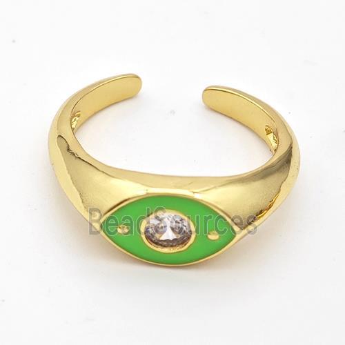 Copper Eye Ring Pave Zirconia Green Enamel Gold Plated