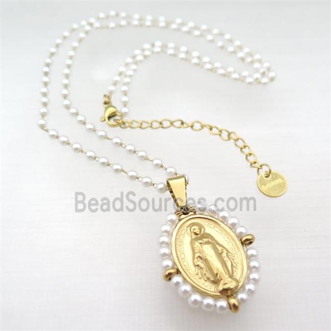 Stainless Steel Jesus Necklace White Pearlized Glass Gold Plated