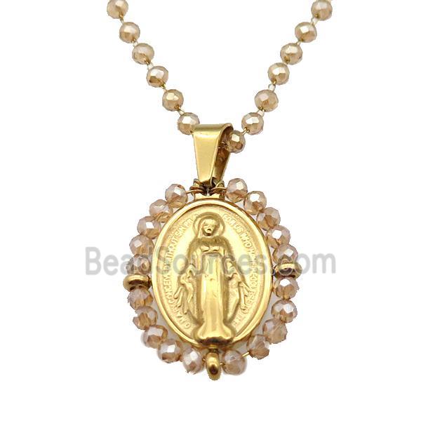 Stainless Steel Jesus Necklace Champagne Crystal Glass Gold Plated