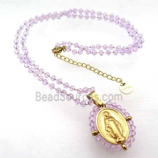 Stainless Steel Jesus Necklace Lt.purple Crystal Glass Gold Plated