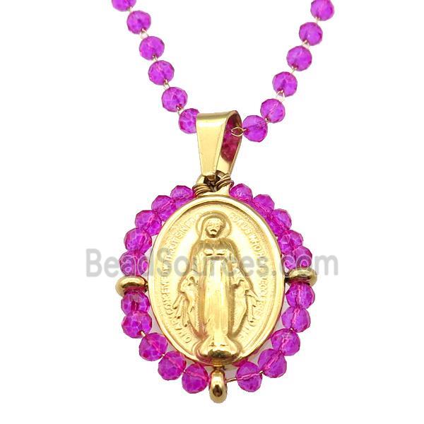 Stainless Steel Jesus Necklace Hotpink Crystal Glass Gold Plated