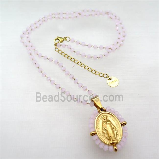 Stainless Steel Jesus Necklace Pink Crystal Glass Gold Plated