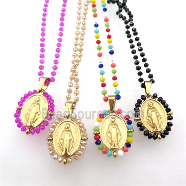 Stainless Steel Jesus Necklace Crystal Glass Gold Plated Mixed