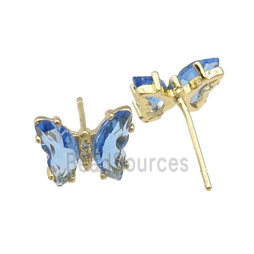 lt.blue Crystal Glass Butterfly Stud Earrings, gold plated