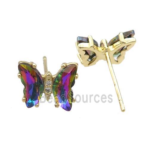 rainbow Crystal Glass Butterfly Stud Earrings, gold plated